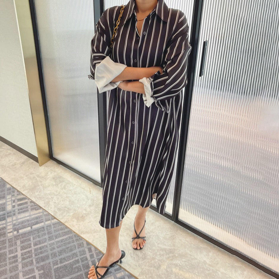 【ワンピース】韓国風 ストライプシャツワンピース レディース 長袖 春夏秋 ゆったりカジュアル ルーズシルエット ミモレ丈【SHシリーズ】