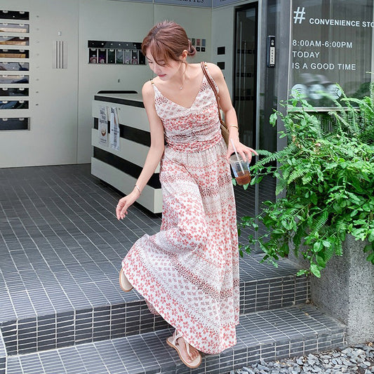 【ワンピース】ボヘミアン 花柄 Vネック ノースリーブワンピース レディース 夏 フレンチ風 大人っぽく 美しい リゾート フレアロングドレス【SHシリーズ】【JZシリーズ】