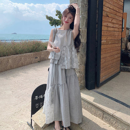 2点セット！【セットアップ】最近こればっかり着てる…♡ フリルベスト×スカート 上下セット グレー フレンチ風 夏リゾートコーデ きれいめ大人女子【JZシリーズ】