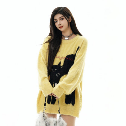 【トップス】猫モチーフ フェイクミンクニット レディース 秋冬 防寒 ゆったり カップル対応 プルオーバー【FCシリーズ】