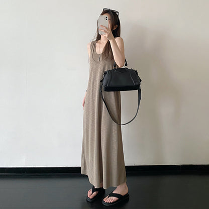 【ワンピース】夏新作 レイヤードデザイン ノースリーブ ワンピース 大きめクルーネック リゾート 旅行 ロングドレス【FCシリーズ】