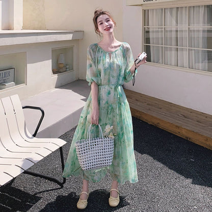 【ワンピース】森ガール風 グリーンぼかし柄 半袖 ワンピース 五分袖 大きめ裾 夏 フレンチリゾート風【SHシリーズ】