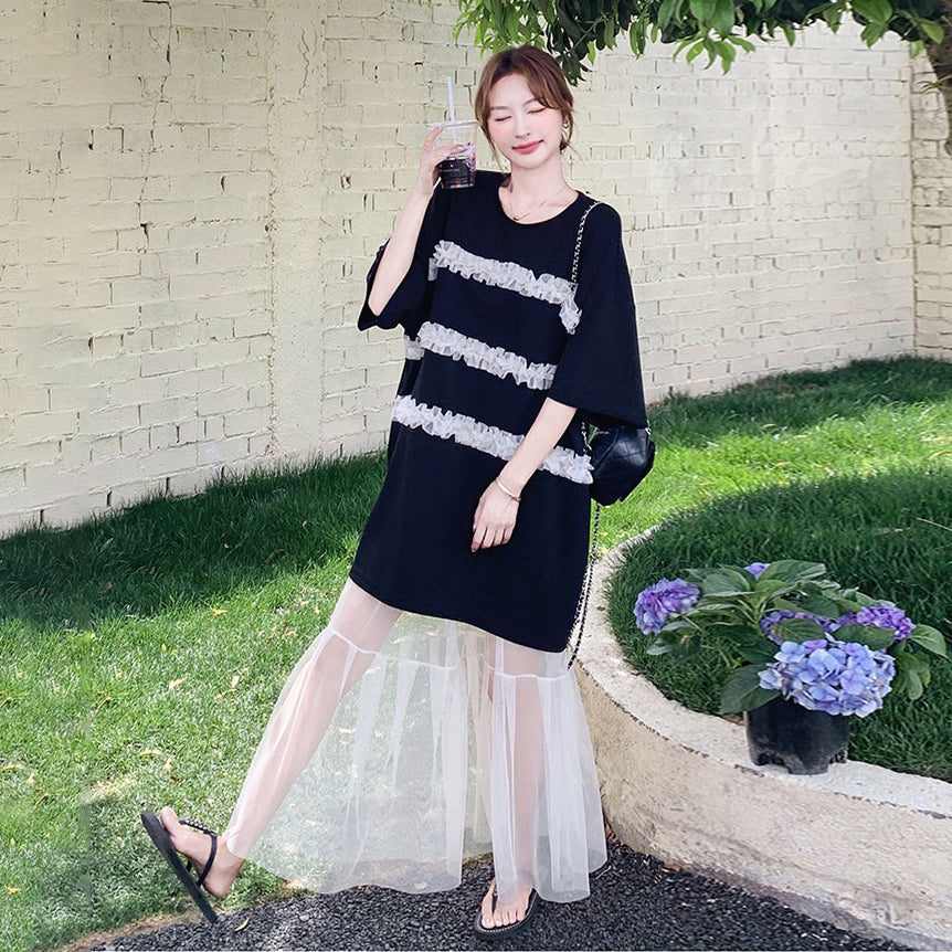 2点セット！【セットアップ】韓国風 レディース 夏 Tシャツワンピ チュール切替 ロングスカート 上下セット【JZシリーズ】
