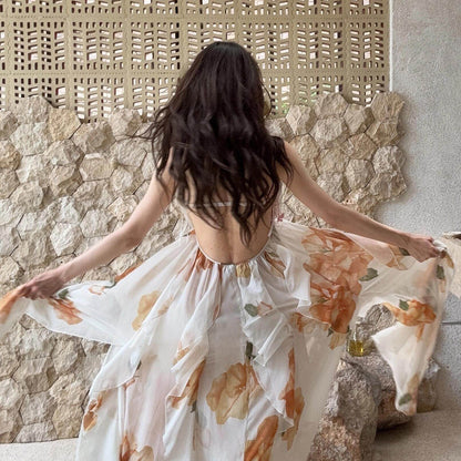 【ワンピース】フレンチ ホルターネック ベアトップ ノースリーブドレス｜バックレス リボン 2026新作｜海辺 ビーチ リゾート ロング丈 映えワンピース【SHシリーズ】