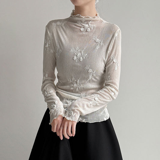 【トップス】立襟 刺繍 メッシュレース 春新作 韓国風 長袖 インナー トップス  Tシャツ 【JZシリーズ】