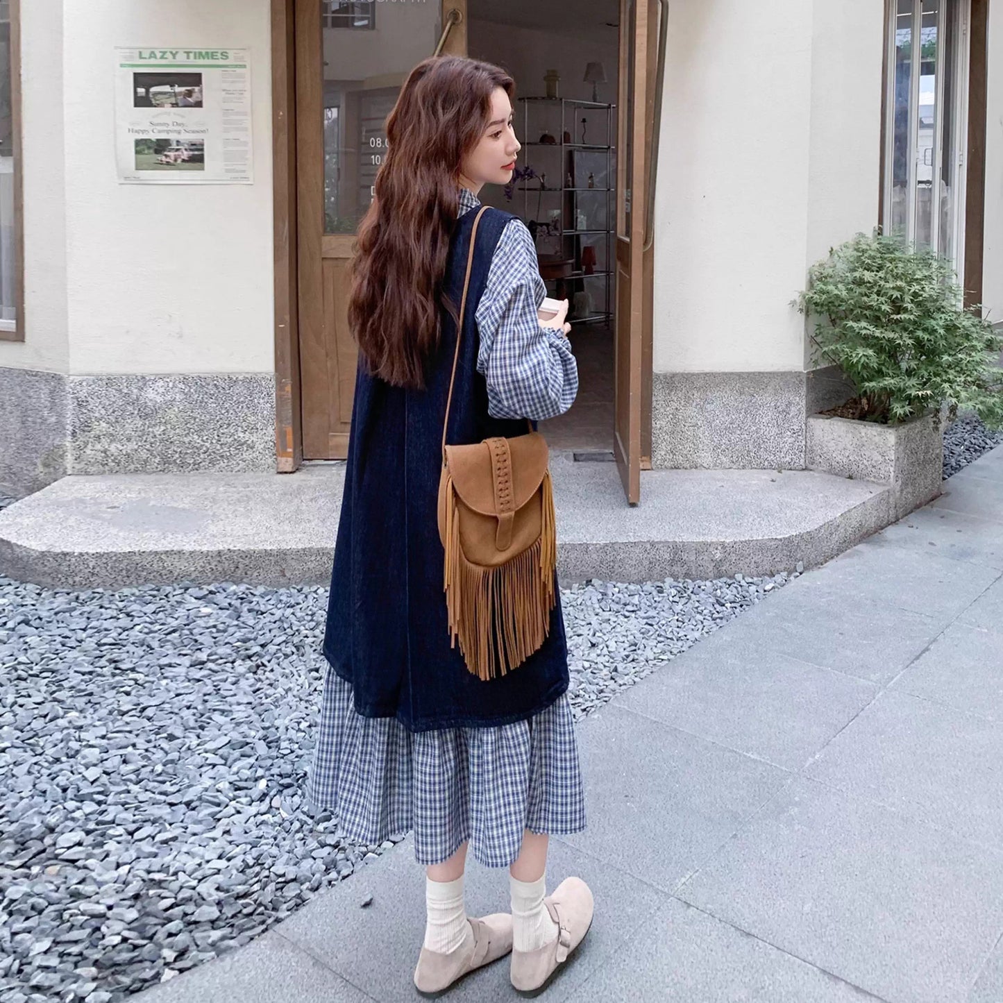 2点セット【セットアップ】韓国風 レトロ 学院スタイル デニム ジレワンピースセット レディース 2025年秋新作 チェック柄【SHシリーズ】