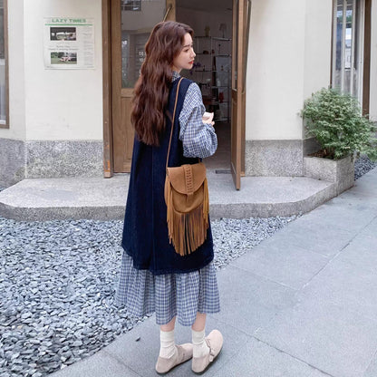 2点セット【セットアップ】韓国風 レトロ 学院スタイル デニム ジレワンピースセット レディース 2025年秋新作 チェック柄【SHシリーズ】