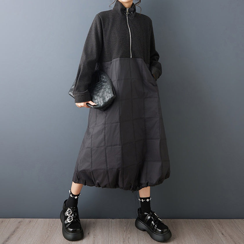 【ワンピース】ダークモード 長袖ワンピース 高級感 切替 中綿入り チェック柄 ミディ丈 レディース 秋冬 ロングドレス【AHシリーズ】