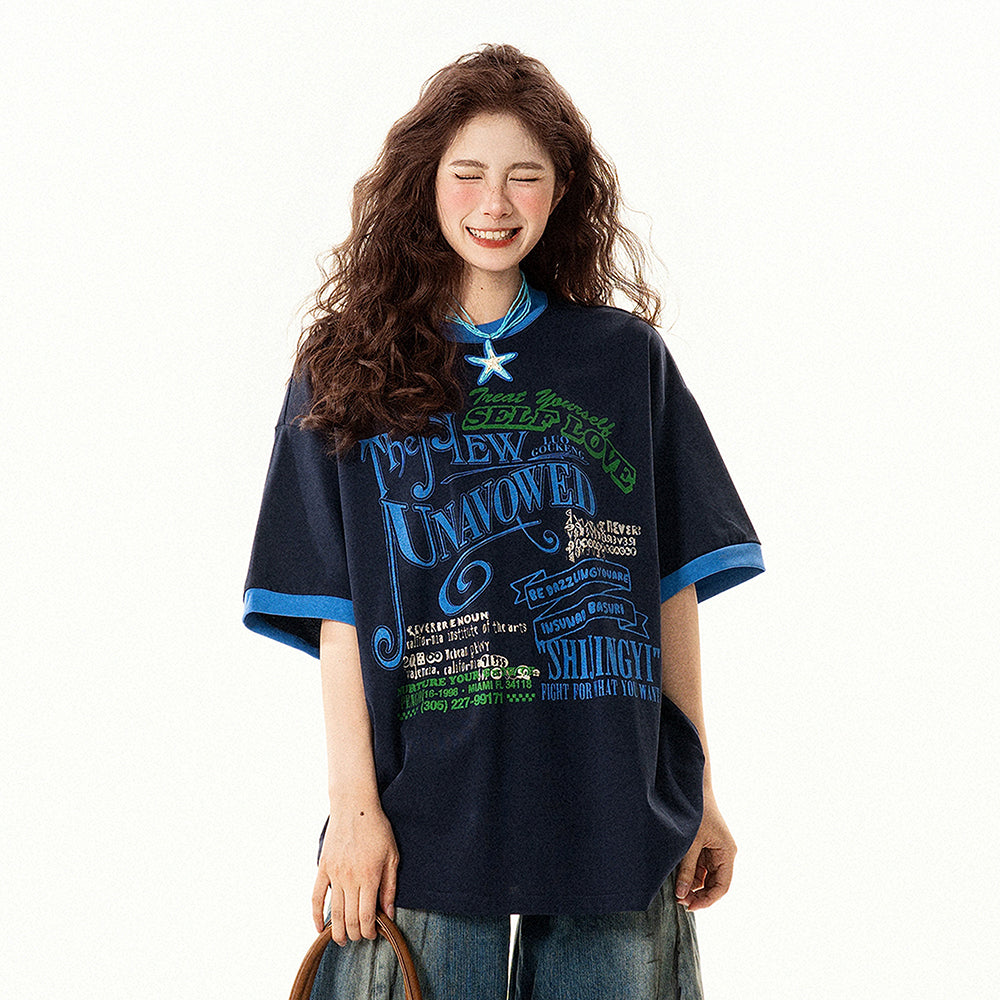 【トップス】アメリカンレトロ ロゴプリント 半袖Tシャツ レディース 夏 ゆったり デザイン感 バイカラー ラウンドネック【FCシリーズ】【15〜20日発送】