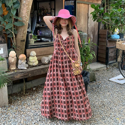 【ワンピース】気質 細見え ゆったり シルエットレトロ チェック柄 ノースリーブワンピース【SHシリーズ】