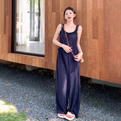 【ボトムス】夏 ヴィンテージ風タック入り ダブルストラップ ワイドサロペット オールインワン