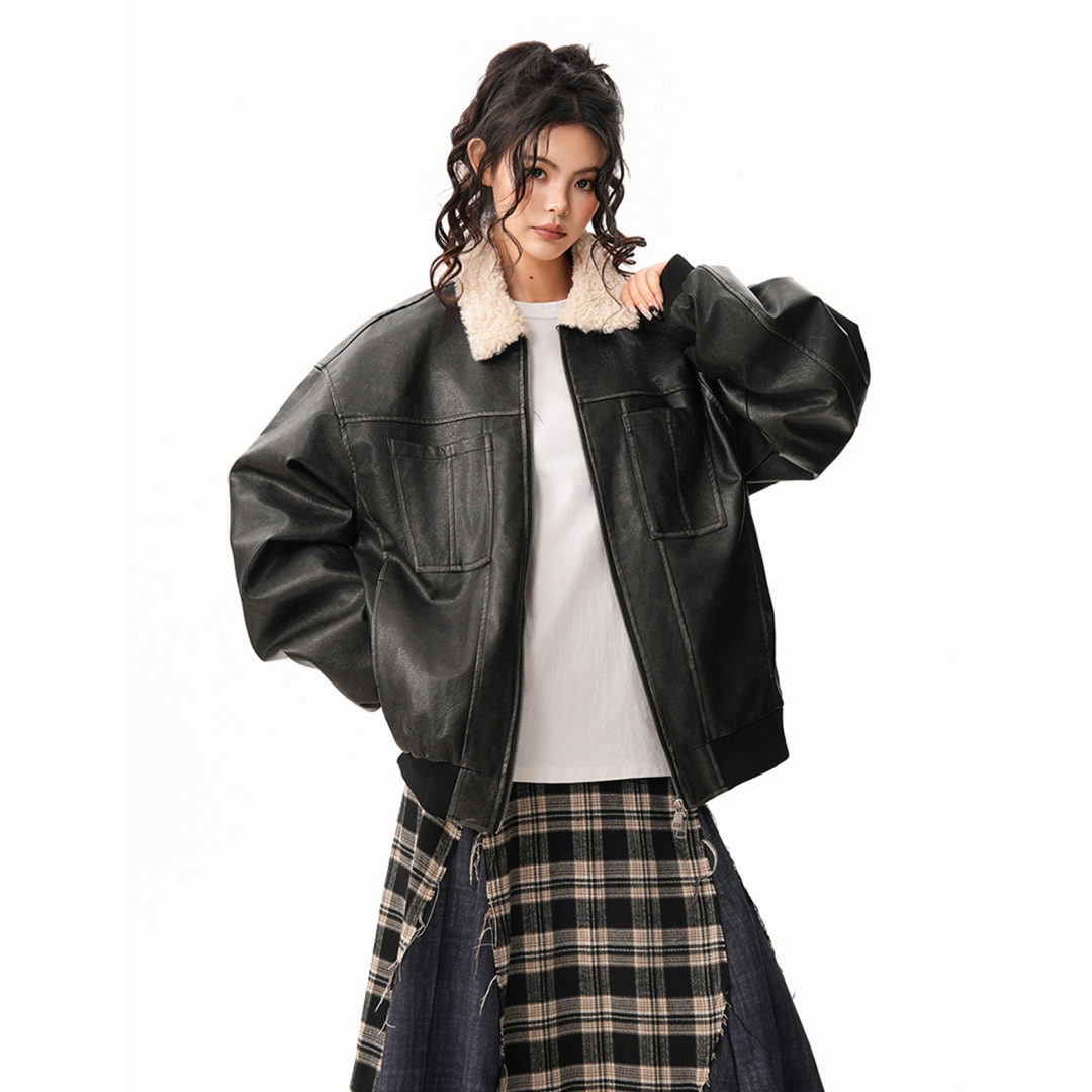 【アウター】ボア襟 春 秋 冬 暖かい テーラードカラー レザージャケット 【FCシリーズ】