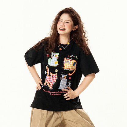 【トップス】レトロ趣味 チェック柄 猫モチーフ 刺繍 半袖Tシャツ レディース 夏 ゆったり 体型カバー カジュアルコーデ【FCシリーズ】【15〜20日発送】