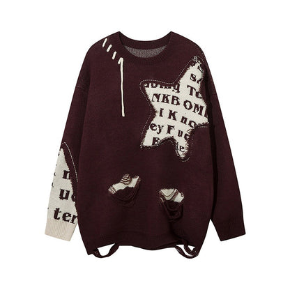 【トップス】星柄切替 デザインニット ユニセックス レディース 秋冬 ゆったり ハイストリート【FCシリーズ】