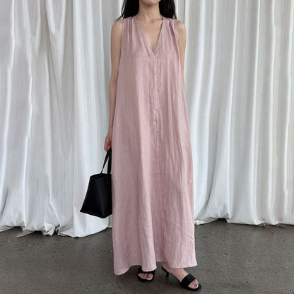【ワンピース】韓国系シックVネック 夏用 100%苎麻 ノースリーブワンピース【JZシリーズ】
