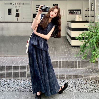 2点セット！【セットアップ】韓国風 レトロデザイン 刺繍 セットアップ レディース おしゃれ 細見え ベスト＋スカート 2上下セット【SHシリーズ】