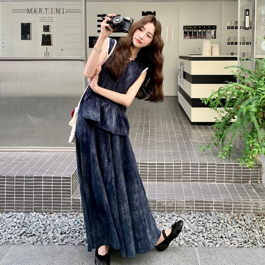 2点セット！【セットアップ】韓国風 レトロデザイン 刺繍 セットアップ レディース おしゃれ 細見え ベスト＋スカート 2上下セット【SHシリーズ】