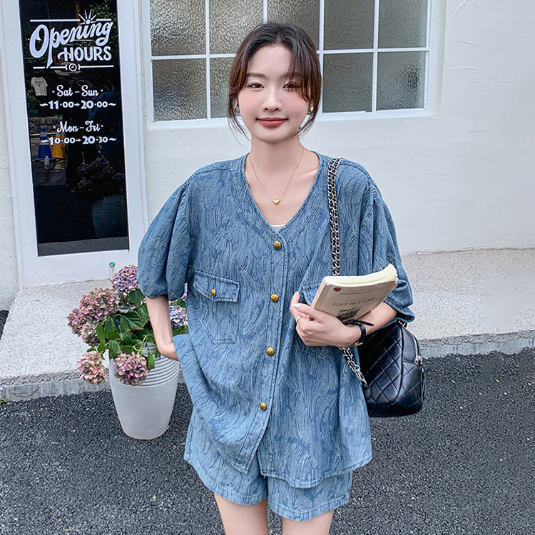 2点セット【セットアップ】ジャカードデニムセットアップ 薄手＆高見え 若見えショートパンツ上下セット【JZシリーズ】【SHシリーズ】