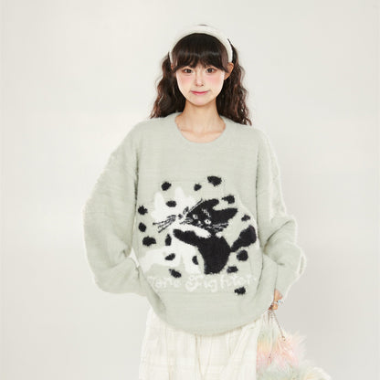 【トップス】ローズレッド 猫 ふわふわニット レディース 秋冬 クルーネック ゆったり 上品 プルオーバー【FCシリーズ】