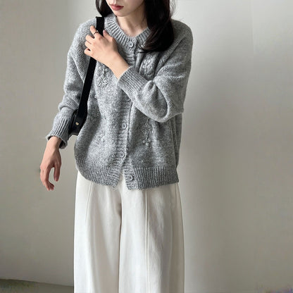 【アウター】春 秋 冬 立体 手作り フラワー 刺繍 ニッ トカーディガン 【JZシリーズ】