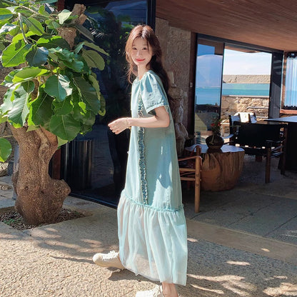 【ワンピース】クール系ハイセンス 配色デザイン デニム切替 半袖ワンピース【SHシリーズ】