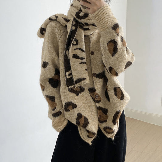 【トップス】ゆるニット レオパード柄カーディガン マフラー付き 秋冬 暖かい おしゃれ レディース【JZシリーズ】