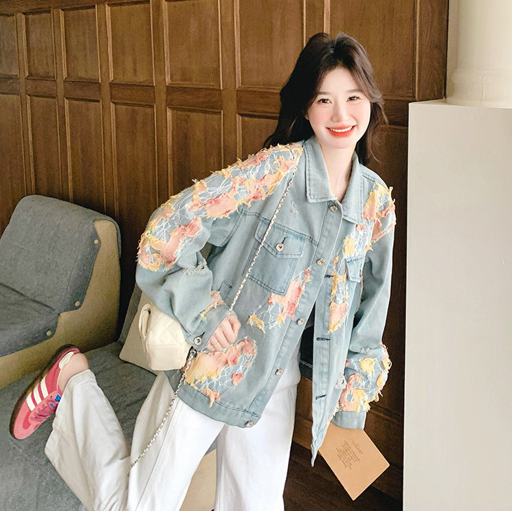 【アウター】おしゃれで若見え デザイン性デニムジャケット レディース  韓国風 レース切替配色ジャケット【SHシリーズ】