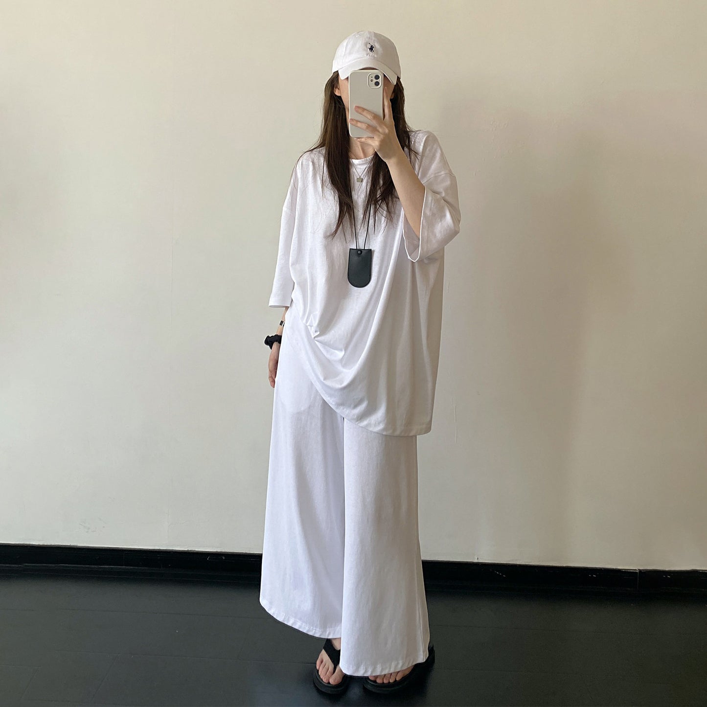 【セットアップ】【単品注文】リネンコットン風 半袖Tシャツ＋ワイドパンツ 上下セット ホワイト ゆったり ルーズフィット リラックス カジュアル 春夏【FCシリーズ】