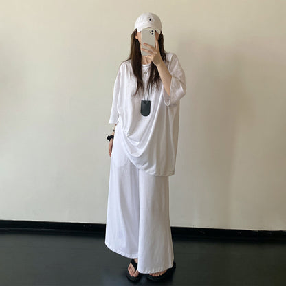 【セットアップ】【単品注文】リネンコットン風 半袖Tシャツ＋ワイドパンツ 上下セット ホワイト ゆったり ルーズフィット リラックス カジュアル 春夏【FCシリーズ】