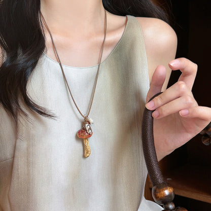 【🎁 B2G1｜先行スタート！】【グッズ】 天然キノコモチーフビーズネックレス レディース 森系 ロング丈 ニットチェーン 個性派 民族風アクセサリー