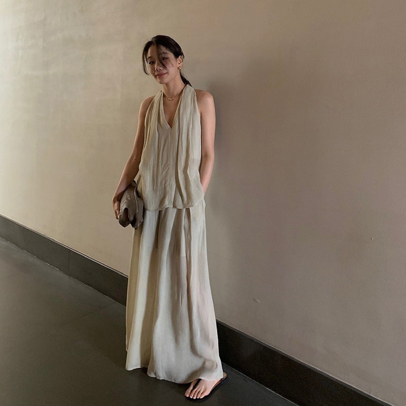 2点セット！【セットアップ】夏 エレガント ハイネック タンクトップ＋ワイドレッグスカート上下セット【JZシリーズ】