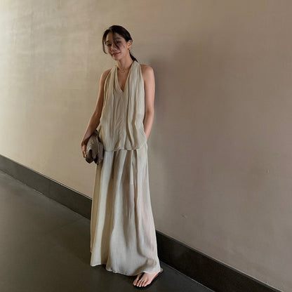 2点セット！【セットアップ】夏 エレガント ハイネック タンクトップ＋ワイドレッグスカート上下セット【JZシリーズ】