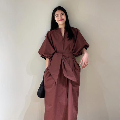 【ワンピース】フレンチレトロ  リボンウエストマーク パフスリーブ シャツワンピース エレガント Vネック 半袖ワンピース【JZシリーズ】