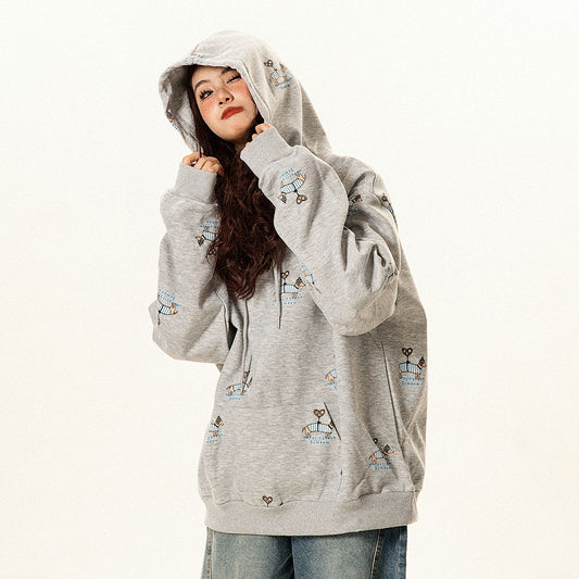 【トップス】ヴィンテージ調 小犬モチーフ フードパーカー 春秋 男女兼用 ゆったり カジュアル【FCシリーズ】