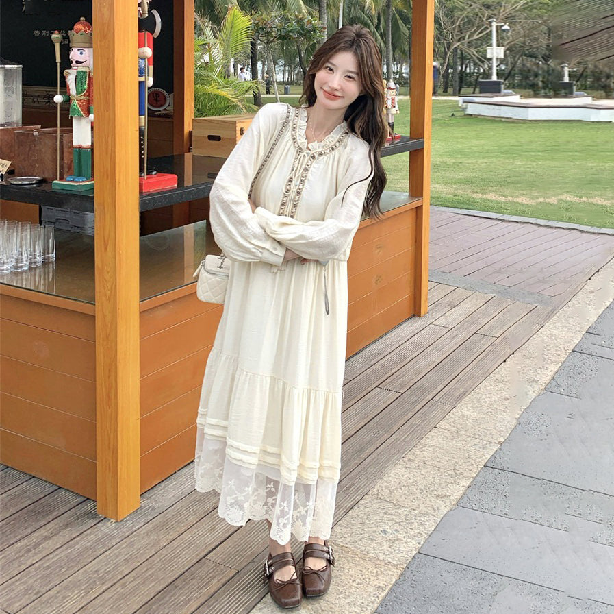 【ワンピース】ベージュ フラワーレース刺繍襟 ワンピース レディース 新作 長袖 フェミニン フレンチ風ロングドレス【JZシリーズ】