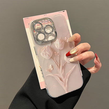 【グッズ】iPhone 16 Pro Max / 15 Pro / 14 PM / 13 / 12 / 11 PM 用 春新作 淡いピンク クリームカラー チューリップ 全面保護 レンズカバー付き 高級感 小众 レディース ストラップ付き