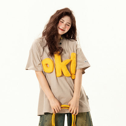 【トップス】アメリカンレトロ 趣味 立体ロゴ 半袖Tシャツ レディース ゆったり デザイン感 カジュアル【FCシリーズ】【15〜20日発送】