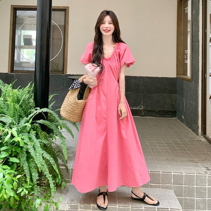 【ワンピース】パフスリーブ ワンピース レディース 夏 Vネック 半袖 ロングワンピース 細見え ウエストマーク 人気 フレンチ風【SHシリーズ】
