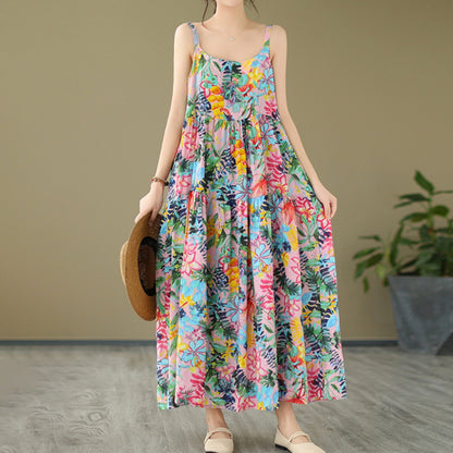 【ワンピース】森ガール風 綿麻花柄キャミソールワンピース 軽やかで涼しい薄手素材 ノースリーブワンピース【SHシリーズ】