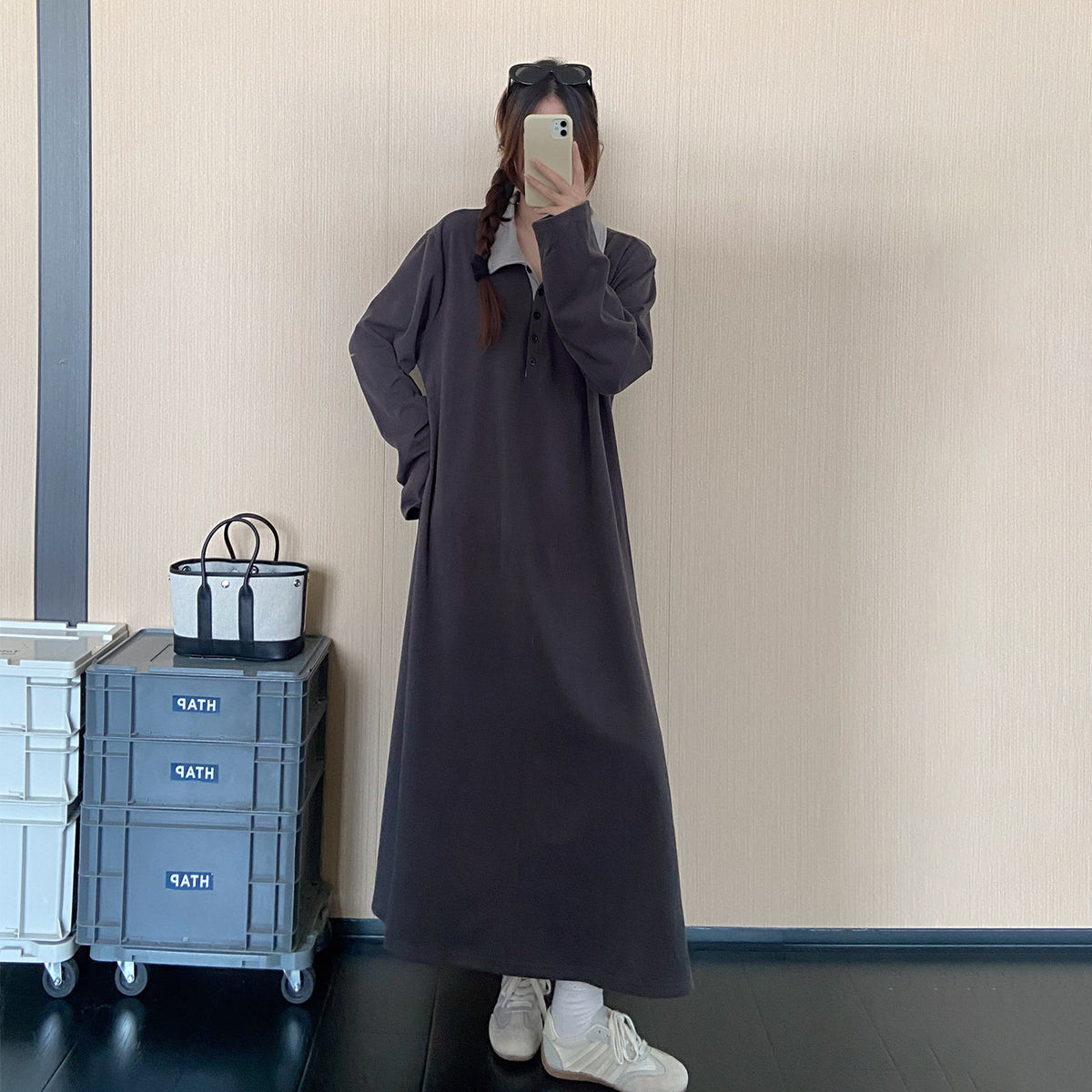 【ワンピース】韓国風ポロカラーロングワンピース レディース 秋新作 長袖 ゆったり きれいめ 通勤【JZシリーズ】