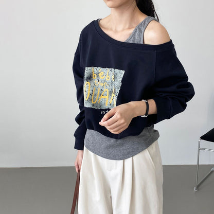 【トップス】韓国風 デザイン スウェット レディース ワンショルダー フェイクレイヤード プリント ゆったり カジュアル 着回し【JZシリーズ】