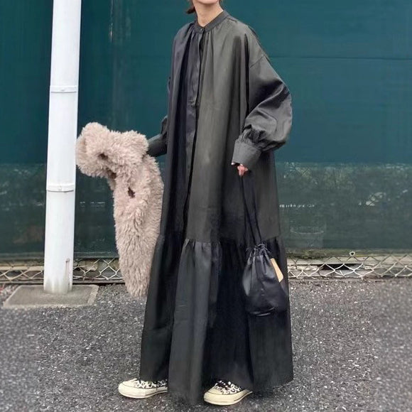 【ワンピース】 大きいサイズ対応ゆったり無地 長袖ワンピース 体型カバー 着痩せ ロング丈レディース服【15～20日内発送】