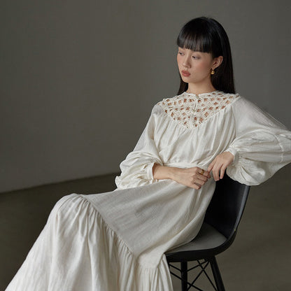 【ワンピース】フレンチ風 刺繍 レース 長袖ワンピース｜透かしデザイン リゾート感あふれるロングドレス【JZシリーズ】