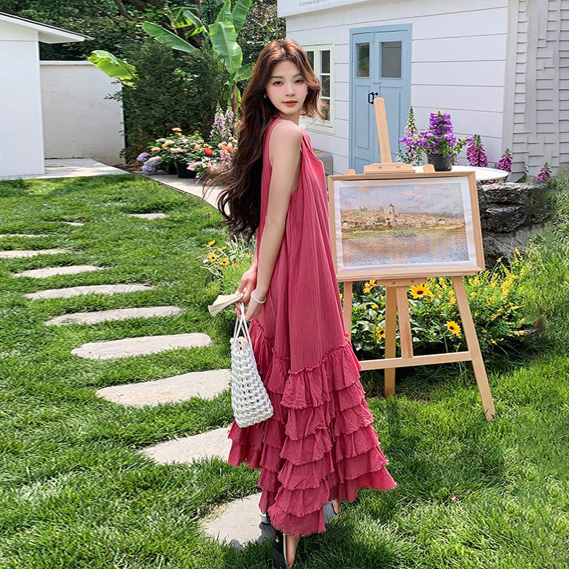 【ワンピース】夏 韓国系 気質 ケーキスカート フィリピンピンク ノースリーブ ワンピース