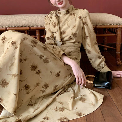 【ワンピース】春 秋 冬 リボンタイ襟 リント プリント ウエストマーク 花柄 ワンピース 【JZシリーズ】