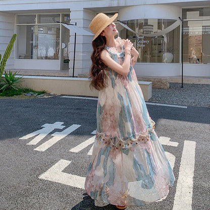 【ワンピース】花柄 ホルターネック ロング丈 ノースリーブワンピース 細見え 体型カバー 上品 リゾート 海外旅行 ビーチコーデ【SHシリーズ】