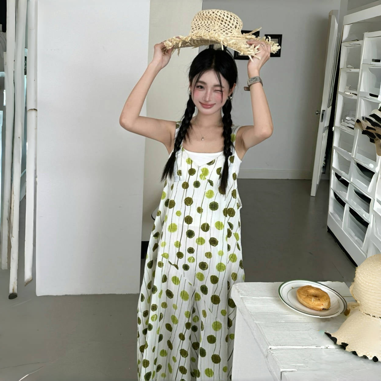 【ボトムス】カジュアル シック 夏新作 気質Vネック ヴィンテージドット ジャンプスーツ【SHシリーズ】