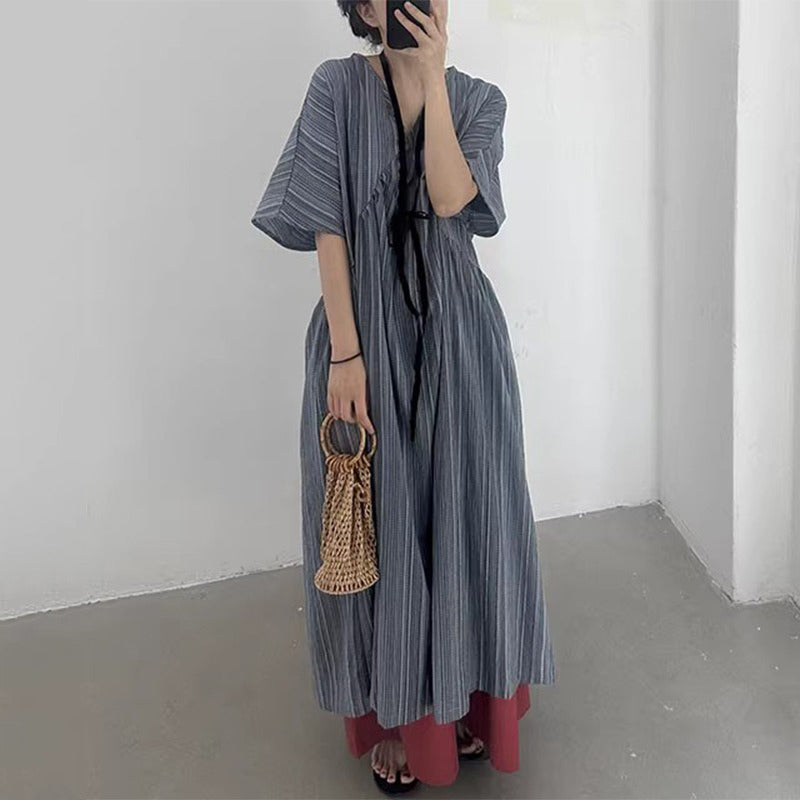 【ワンピース】【JZシリーズ】Vネック 半袖ワンピース｜レトロな雰囲気×楽ちんポケット付きロング丈・ゆったりシルエット