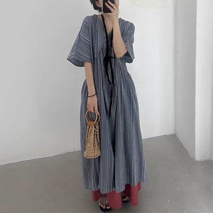 【ワンピース】【JZシリーズ】Vネック 半袖ワンピース｜レトロな雰囲気×楽ちんポケット付きロング丈・ゆったりシルエット