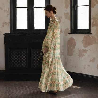 【ワンピース】【30-35日内発送】フレンチ レトロ プリント パフスリーブワンピース ゆったり Vネック 長袖ワンピース【SHシリーズ】